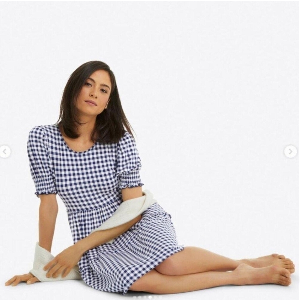 Draper James Lee Ann Dress Navy Blue Bohemian Gingham Small